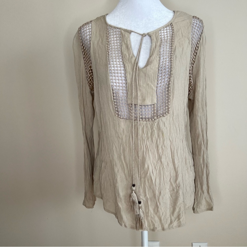 ! Joseph A | Tan Tassel Tie Blouse Top Shirt Crinkle